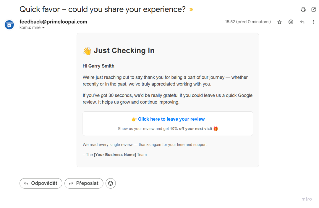 Automated outreach for 5-star reviews